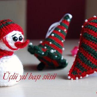 Set Of 3 Christmas Crocheted Toys: Snowman,..