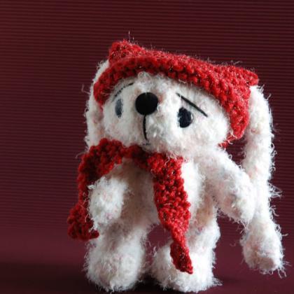Pastel Pink White Rabbit In A Red Hat And Scarf.