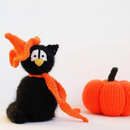 Black Cat In The Orange Scarf. Halloween Toy...