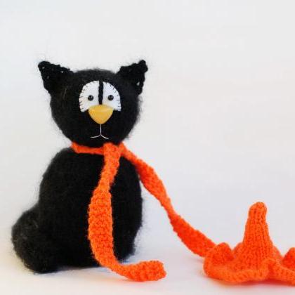 Black Cat In The Orange Scarf. Halloween Toy...