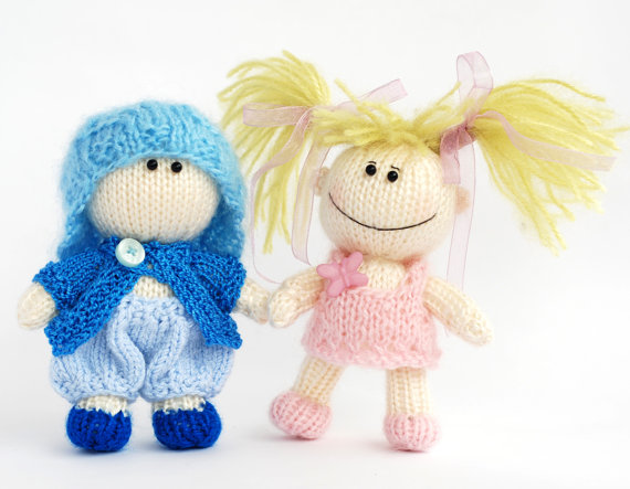 Two Dolls: Small Funny Gardener Doll And Small Boy Doll In The Blue Hat - Pdf Knitting Pattern